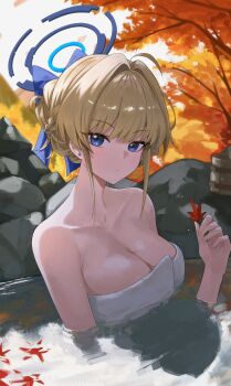 1girl absurdres ahoge autumn_leaves bare_shoulders blonde_hair blue_archive blue_eyes blush bow braid braided_bun breasts bucket cleavage closed_mouth commentary_request danyun_03 earrings hair_bow hair_bun hair_up halo highres holding holding_leaf jewelry large_breasts leaf long_hair long_sidelocks naked_towel onsen partially_submerged short_hair sidelocks solo stud_earrings toki_(blue_archive) towel wooden_bucket