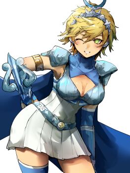 Rule 34 | 1girl, 4me3ba niku, armor, artemis (megami tensei), blonde hair, blue cape, breasts, cape, cleavage cutout, clothing cutout, contrapposto, demon (megami tensei), eyelashes, green eyes, highres, large breasts, one eye closed, pauldrons, shin megami tensei, short hair, shoulder armor, simple background, smile, solo, standing, tiara, white background