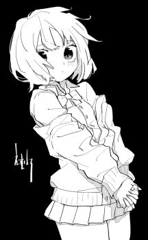 1girl black_background blush bow closed_mouth collared_shirt cowboy_shot greyscale highres long_sleeves looking_at_viewer monochrome original pleated_skirt shinnsenndr shirt short_hair skirt solo
