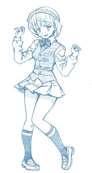 bartender bbb_(friskuser) blue_theme blunt_bangs bob_cut bow bowtie cutlass_(girls_und_panzer) dress_shirt full_body girls_und_panzer heel_up highres loafers long_sleeves looking_at_viewer maid_headdress miniskirt monochrome open_mouth pleated_skirt shirt shoes short_hair skirt socks vest w_arms wing_collar