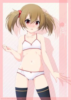 1girl artist_name black_thighhighs blush bra brown_hair character_name cowboy_shot edging_bra edging_panties edging_underwear flat_chest highres inaba_shiki looking_at_viewer matching_underwear medium_hair nose_blush panties pink_background red_eyes silica solo sword_art_online thighhighs training_bra underwear underwear_only white_bra white_panties