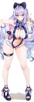 1girl absurdres artist_name bare_shoulders blue_shoes blush breasts cleavage commentary full_body hand_on_own_hip heart high_heels highres large_breasts leaning_forward long_hair looking_at_viewer mole mole_under_eye multicolored_hair navel official_alternate_costume one-piece_swimsuit parted_lips pointy_ears purple_hair red_eyes shoes sideboob simple_background smile solo standing streaked_hair swimsuit thigh_strap thighs toes toyoman vivian_banshee vivian_banshee_(iris_of_the_shore) white_background white_hair zenless_zone_zero