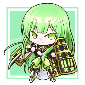 1girl :> armor armored_skirt chibi commentary dress full_body green_background green_eyes green_hair green_sash hizamaru_(tenka_hyakken) holding holding_sword holding_weapon japanese_armor long_hair outside_border sash shoulder_armor sidelocks sode solo sword tachi_(weapon) tenka_hyakken tubasa49 twitter_username weapon white_footwear