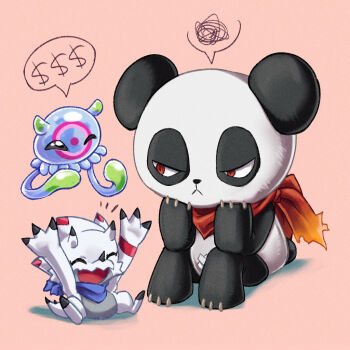 Rule 34 | digimon, digimon (creature), gammamon, happy, jellymon, la wuchi, looking at viewer, one eye closed, pandamon, red eyes, scarf, smile