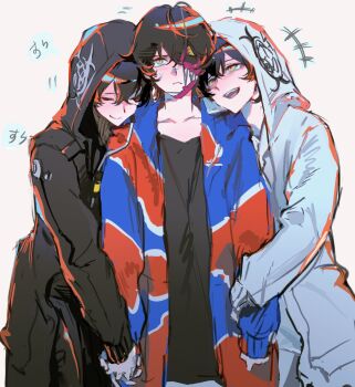 3girls arm_hug biohazard_symbol black_coat black_hair black_shirt closed_eyes coat girl_sandwich hair_between_eyes half_mask hashtag-only_commentary highres holding_hands lineko long_sleeves looking_at_viewer looking_up mask multiple_girls multiple_persona open_clothes open_coat rei_shimobe reverse_trap sandwiched shirt short_hair shuten_order simple_background smile sweatdrop white_background white_coat white_shirt yellow_eyes