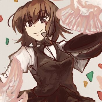 Rule 34 | 1girl, bird, black hat, black skirt, black vest, bow, brown eyes, brown hair, closed mouth, collared shirt, dove, hair bow, hat, hat bow, holding, holding unworn clothes, holding unworn hat, long sleeves, looking at viewer, magician, sanwa no jako (daikichi club), shirt, short hair, skirt, smile, solo, touhou, unworn hat, unworn headwear, usami renko, vest, white background, white bow