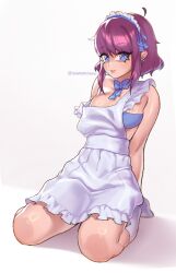 Rule 34 | 1girl, apron, blue bow, blue bra, blue eyes, bow, bowtie, bra, breasts, commentary, earrings, english commentary, highres, idamaria, jewelry, kneeling, maid headdress, medium breasts, nearly naked apron, original, purple hair, short hair, solo, strapless, strapless bra, twitter username, underwear, white apron, white background