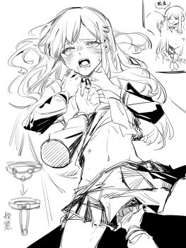 2girls asphyxiation bang_dream! bang_dream!_it's_mygo!!!!! blush chinese_commentary closed_eyes closed_mouth clothes_lift commentary_request fingering hair_ornament hairclip highres long_hair long_sleeves monochrome multiple_girls nagasaki_soyo open_mouth pleated_skirt saliva school_uniform shirt_lift skirt smile strangling tsukinomori_school_uniform wakaba_mutsumi yuan_shuang yuri