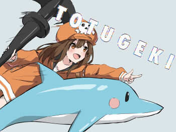 Rule 34 | 1girl, :d, anchor, blush, brown hair, collarbone, commentary request, cowboy shot, dolphin, double-parted bangs, grey background, guilty gear, guilty gear strive, hair between eyes, hat, highres, holding, holding weapon, jacket, long hair, long sleeves, looking ahead, may (guilty gear), motion blur, motion lines, open mouth, orange eyes, orange hat, orange jacket, shirt, sidelocks, simple background, skull print, smile, solo, sugidoritos, thighs, weapon, white shirt