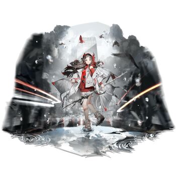 1girl absurdres arknights banban_(vvvviiiiiia) black_hair demon_girl demon_horns floating_hair full_body grey_theme highres holding holding_staff horns looking_at_viewer looking_back official_art paprika_(arknights) paprika_(the_road_to_here)_(arknights) reflection reflective_liquid simple_background solo spot_color staff standing standing_on_one_leg third-party_source transparent_background