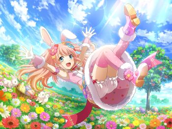 1girl animal_ears basket blue_eyes blue_sky boots day dress easter easter_egg egg fake_animal_ears field flower flower_field game_cg gloves hair_ornament high_heel_boots high_heels long_hair looking_at_viewer midair nonomiya_lalafin official_art open_mouth outstretched_arms pink_boots pink_dress pink_hair pink_thighhighs rabbit rabbit_ears shorts shoujo_kageki_revue_starlight shoujo_kageki_revue_starlight_-re_live- sky solo thighhighs tree two_side_up white_gloves white_shorts wrist_cuffs