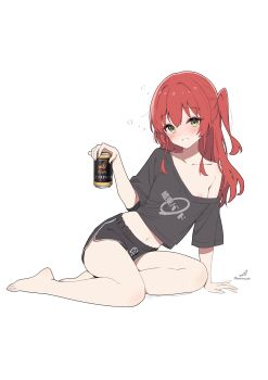 1girl arm_support artist_name barefoot black_shirt black_shorts blush bocchi_the_rock! can dolphin_shorts drink_can drunk flat_chest green_eyes highres holding holding_can kita_ikuyo looking_at_viewer medium_hair midriff minusk9 navel nipple_slip nipples no_bra nose_blush one_side_up red_hair shirt short_shorts short_sleeves shorts simple_background single_bare_shoulder single_off_shoulder sitting solo white_background yokozuwari