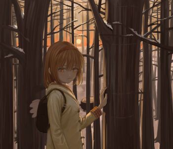 1girl :| absurdres alternate_eye_color angel_wings arm_at_side backlighting backpack bag bare_tree blush brown_eyes brown_hair chinese_commentary closed_mouth coat commentary_request expressionless eyelashes fake_wings forest hair_between_eyes hairband hand_on_tree hand_up highres hood hood_down hooded_coat jiawenqing kanon long_sleeves looking_at_viewer medium_hair nature orange_sky outdoors red_hairband sky snow solo straight_hair sunset tree tsukimiya_ayu upper_body wings yellow_coat