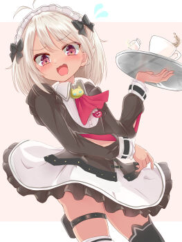 Rule 34 | 1girl, absurdres, animal ear legwear, black bow, black dress, black thighhighs, blush, bow, cat ear legwear, commentary request, dark-skinned female, dark skin, dress, fang, grey hair, hair bow, highres, holding, holding tray, long hair, looking at viewer, maid, maid headdress, matsukai mao, matsukai mao (2nd costume), medium hair, nijisanji, official alternate costume, open mouth, purple eyes, skirt, solo, thighhighs, tray, virtual youtuber, white skirt, yotuba mokoh (benzenex)