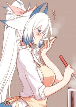 Rule 34 | 1girl, animal ears, apron, artist name, blue eyes, blush, breasts, cooking, dated, dragon horns, dragon tail, female focus, fox ears, frown, horns, image sample, konshin, ladle, large breasts, orie hakua, pixiv fantasia, pixiv fantasia new world, ponytail, profile, shirt, signature, sleeves rolled up, solo, tail, tasting, white hair, white shirt