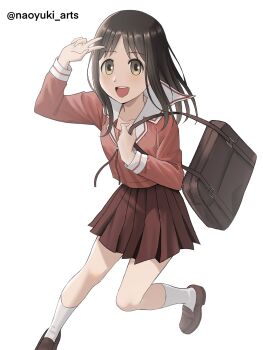Rule 34 | 1girl, :d, artist name, azumanga daioh's school uniform, azumanga daiou, bag, breasts, briefcase, brown bag, brown eyes, brown hair, brown shoes, collarbone, commentary, english commentary, highres, holding, holding bag, holding strap, kasuga ayumu, long sleeves, looking at viewer, medium hair, naoyuki arts, neck ribbon, open mouth, pink ribbon, pink shirt, pink skirt, pleated skirt, ribbon, running, sailor collar, school bag, school briefcase, school uniform, shirt, shoes, simple background, skirt, small breasts, smile, socks, teeth, twitter username, upper teeth only, v, v over eye, white background, white sailor collar, white socks