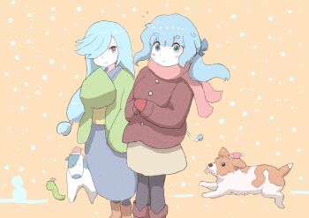 2girls absurdres auzenismo black_pantyhose blue_hair blue_skirt boots brown_jacket buttons closed_mouth commentary_request cow dog green_jacket hair_over_one_eye highres jacket long_hair long_sleeves looking_at_viewer multiple_girls original pantyhose pink_scarf scarf skirt smile snake twintails wide_sleeves winter winter_clothes