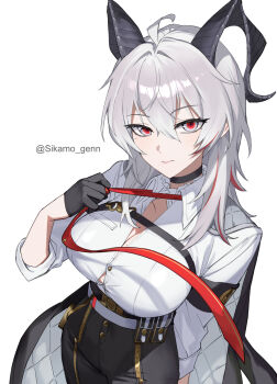 1girl adjusting_clothes adjusting_necktie ahoge armband axokim black_armband black_choker black_gloves black_horns black_jacket black_pants breasts button_gap chest_harness choker closed_mouth collared_shirt commentary cowboy_shot curled_horns gloves grey_hair hair_between_eyes half_gloves hand_up harness high-waist_pants highres horns jacket jacket_on_shoulders large_breasts long_hair looking_at_viewer mole mole_under_eye multicolored_hair necktie pants red_eyes shirt shirt_tucked_in simple_background solo streaked_hair twitter_username white_background white_shirt wuthering_waves zani_(wuthering_waves)