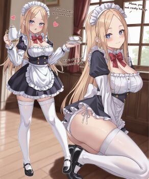 1girl aadka5 absurdres ass blonde_hair blue_eyes blush bow bowtie breasts cleavage closed_mouth girls_und_panzer highres indoors large_breasts long_hair maid maid_headdress multiple_views original panties red_bow red_bowtie side-tie_panties smile thighhighs underwear white_panties white_thighhighs
