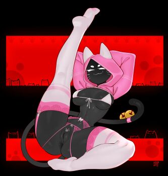 Rule 34 | 1girl, :3, animal ears, animal hood, anus, arms up, artist name, bald, bell, bikini, bikini top only, black skin, breasts, cat bell, cat ears, cat girl, cat hood, closed mouth, colored eyelashes, colored skin, cropped hoodie, crotchless, crotchless panties, foot out of frame, garter belt, garter straps, half-closed eyes, hands behind own head, hood, hood up, hoodie, large breasts, leg up, lewdstuff, lingerie, navel, no pupils, open panties, original, panties, paw-shaped pubic hair, pink hood, pink shrug, pubic hair, pussy, shaped pubic hair, shrug (clothing), smile, solo, swimsuit, tail, tail ornament, thick eyebrows, thighhighs, thighs, underwear, whiskers, white bikini, white eyebows, white eyelashes, white eyes, white thighhighs