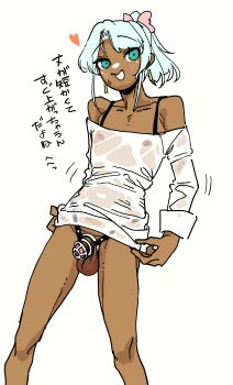 1boy :d absurdres adjusting_dress aqua_hair bare_legs bare_shoulders blush bow chastity_cage_strap collarbone covered_erect_nipples dark-skinned_male dark_skin dress earrings feet_out_of_frame green_eyes hair_bow heart high_ponytail highres jewelry legs_apart long_sleeves looking_at_viewer male_focus mattsuu microdress motion_lines open_mouth original pink_bow ponytail revealing_chastity_cage see-through_clothes see-through_dress simple_background small_sweatdrop smile solo standing sternum teeth testicles trap white_background white_dress