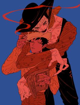 2boys bent_over black_hair black_hat blonde_hair blue_background commentary_request donquixote_rocinante facepaint fingernails hand_tattoo hat highres holding holding_newspaper hug jurokutya male_focus multiple_boys multiple_scars newspaper one_piece red_lips red_theme scar sharp_fingernails smoking standing tattoo trafalgar_law