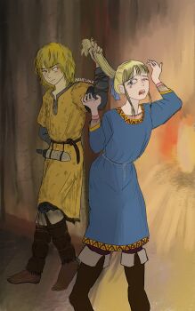 2boys androgynous arm_up blonde_hair blue_eyes blunt_bangs boots brown_eyes bullying canute crying dagger dirty dirty_clothes eyelashes full_body grabbing_another&#039;s_hair hasseloha holding_another&#039;s_hair knife leaning long_hair looking_at_another male_focus multiple_boys one_eye_closed open_mouth sidelocks tears teeth thorfinn upper_teeth_only vinland_saga weapon