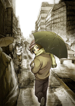 1boy brown_hair car commentary_request covered_mouth hat jacket looking_back male_focus motor_vehicle outdoors pants parhart people scarf sepia short_hair solo toboe umbrella walking wolf's_rain