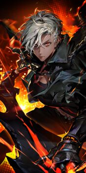 1girl black_jacket chain closed_mouth cyphers embers eye_trail eyelashes fire gauntlets holding holding_sword holding_weapon jacket leticia_cavalcanti light_trail looking_at_viewer red_eyes short_hair solo sword tan uoongpig weapon