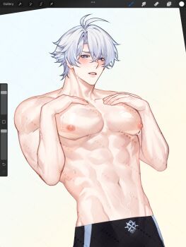 1boy abs black_male_swimwear blue_eyes hair_between_eyes highres honkai:_star_rail honkai_(series) male_focus male_swimwear muscular muscular_male navel nipples phainon_(honkai:_star_rail) rourouki short_hair solo stomach sweat topless_male white_hair