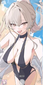1girl absurdres amanome121 black_one-piece_swimsuit blue_archive breasts camera camera_view feathered_wings highres large_breasts low_wings mika_(blue_archive) mika_(swimsuit)_(blue_archive) nagisa_(blue_archive) nagisa_(swimsuit)_(blue_archive) official_alternate_costume official_alternate_hairstyle one-piece_swimsuit phone pov solo swimsuit white_wings wings