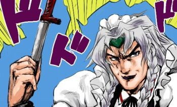 1other araki_hirohiko_(style) aura black_lips black_ribbon braid collared_shirt commentary_request crossover dio_brando dokuromaru furrowed_brow fusion grey_eyes grey_hair hatching_(texture) heart holding holding_knife izayoi_sakuya jojo_no_kimyou_na_bouken knife lipstick lowres maid maid_headdress makeup manly neck_ribbon portrait power_connection puffy_short_sleeves puffy_sleeves ribbon shirt short_sleeves solo touhou translation_request twin_braids yellow_background