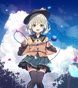 1girl black_hat black_thighhighs bow buttons cloud cloudy_sky day eyeball fanged_bangs flower green_eyes green_hair hat hat_bow highres komeiji_koishi long_sleeves looking_at_viewer open_mouth pink_flower plant shirt short_hair skirt sky sleeves_past_wrists smile solo thighhighs third_eye tongue touhou yellow_bow yellow_shirt zettai_ryouiki zoirun