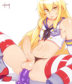 1boy anal anal_object_insertion arm_support bad_id bad_pixiv_id blonde_hair clothing_aside cosplay crossdressing crossdressing_(mtf) dildo doxy elbow_gloves erection foreskin genderswap genderswap_(ftm) gloves high_heels kantai_collection lips long_hair looking_at_viewer male_focus male_penetrated object_insertion panties panties_aside penis phimosis rudder_footwear sex_toy shimakaze-kun shimakaze_(kancolle) shimakaze_(kancolle)_(cosplay) solo spread_legs striped_clothes striped_thighhighs testicles thighhighs trap uncensored underwear yellow_eyes