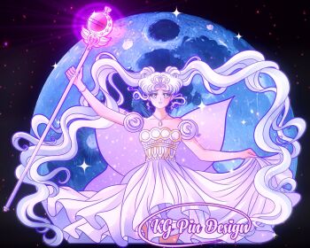 Rule 34 | 1girl, bare shoulders, bishoujo senshi sailor moon, blue eyes, bracelet, collarbone, crescent, crescent facial mark, crown, double bun, dress, facial mark, fingernails, forehead mark, hair bun, heart crown, jewelry, k.g.fantasy, long fingernails, long hair, necklace, neo queen serenity, parted bangs, pearl necklace, pendant, skirt hold, solo, strapless, strapless dress, tsukino usagi, twintails, very long hair, white crown, white dress, white hair