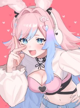 1girl absurdres animal_ears belt blue_belt blue_eyes blue_hair blush bra breasts cleavage commentary_request commission fake_animal_ears hair_ornament hairclip hand_on_own_hip headphones heart heart_hair_ornament highres long_hair looking_at_viewer multicolored_hair navel okaki8130 open_mouth original pink_background pink_bra pink_hair rabbit_ears shrug_(clothing) skeb_commission solo two-tone_hair underwear very_long_hair