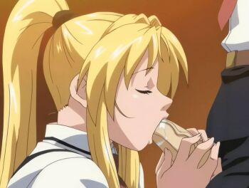 Rule 34 | 1boy, 1girl, 2006, animated, animated gif, anime screenshot, bible black, bible black only, blonde hair, bow, bowtie, classroom, closed eyes, fellatio, high ponytail, long hair, oral, penis, penis grab, ponytail, saeki kaori, school, school uniform, tagme, veins, veiny penis