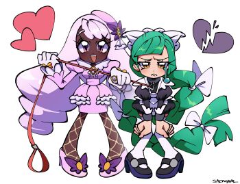 2girls absurdres apron black_romper black_shoes bow braid braided_ponytail broken_heart brown_eyes chibi chibi_only clenched_hands collar comedic_teardrop dark-skinned_female dark_skin dress fascinator fishnet_pantyhose fishnets frown full_body glove_bow gold_ring green_hair hair_bow hair_ornament heart highres holding holding_leash jacinthe_(pokemon) juliet_sleeves knees_together_feet_apart leaning_forward leash lebanne_(pokemon) long_braid long_hair long_sleeves looking_at_viewer low_drills maid maid_apron maid_headdress mary_janes master_and_servant multiple_girls multiple_hair_bows nintendo open_mouth pantyhose pet_play pigeon-toed pokemon pokemon_legends:_z-a puffy_sleeves purple_dress purple_eyes purple_hair romper saewiam shoes single_braid single_tear slit_pupils smile standing thighhighs v-shaped_eyebrows very_dark_skin very_long_hair white_bow white_thighhighs