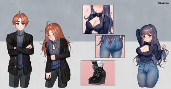 1boy 1girl ahoge ass black_boots black_hair black_jacket black_pants blue_eyes blue_sweater blush boots breasts brown_eyes brown_hair chadtow cleavage cleavage_cutout clothing_cutout commentary crossed_arms denim embarrassed english_commentary genderswap genderswap_(mtf) highres jacket jeans large_breasts long_hair original pants sequential smile sweater transformation transforming_clothes turtleneck turtleneck_sweater