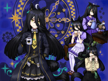 1girl :< ahoge animal_ears black_choker black_coat black_gloves black_ribbon black_skirt black_vest blue_background brown_shoes chair choker clock closed_mouth coat coffee_filter coffee_pot collared_shirt commentary cup drinking ear_ornament ear_tag earrings frilled_skirt frills gloves hair_between_eyes hand_in_pocket hand_up hem_peeking_out highres holding holding_coffee_pot holding_cup horse_ears horse_girl jewelry kiho_ver long_hair_between_eyes looking_at_viewer manhattan_cafe_(umamusume) multicolored_hair multiple_views neck_ribbon necktie on_chair open_clothes open_coat panties plaid_clothes plaid_skirt pleated_skirt puffy_short_sleeves puffy_sleeves purple_shirt purple_skirt ribbon sailor_collar school_uniform shirt shirt_tucked_in shoes short_sleeves single_earring sitting skirt table tracen_school_uniform twitter_username two-tone_shirt umamusume underwear vest white_hair white_panties white_sailor_collar white_shirt white_skirt yellow_necktie yellow_shirt