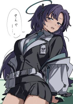 Rule 34 | 1girl, absurdres, belt, black gloves, black jacket, black skirt, blue archive, blue necktie, blush, breasts, collared shirt, commentary, gloves, half gloves, halo, highres, jacket, large breasts, leaning back, long hair, long sleeves, looking at viewer, masshutake, miniskirt, necktie, open mouth, pleated skirt, purple eyes, purple hair, raised eyebrows, shirt, skirt, solo, speech bubble, sweat, translation request, two side up, untranslatable commentary, upper body, white belt, white jacket, white shirt, yuuka (blue archive)