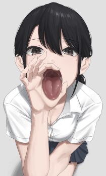 1girl black_skirt block_(object) fellatio_gesture button_gap collared_shirt commentary_request dress_shirt eyes_visible_through_hair grey_background hands_up highres kaminari_doon long_hair looking_at_viewer miniskirt mole mole_under_eye open_mouth oral_invitation original pleated_skirt presenting saliva shirt short_sleeves simple_background skirt solo tongue tongue_out uvula white_shirt