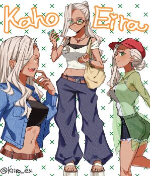 1girl :d ^_^ alternate_costume alternate_hairstyle bag bare_arms baseball_cap belt black-framed_eyewear black_pants black_shorts bracelet breasts brown_belt casual character_name closed_eyes commentary cropped_shirt cutoffs dark-skinned_female dark_skin earrings eyes_visible_through_hair green_eyes green_nails grey_hair groin hair_bun hashtag-only_commentary hat highres hiiro_(kiiro_ex) holding holding_phone jacket jewelry kaho_eira kimi_no_koto_ga_dai_dai_dai_dai_daisuki_na_100-nin_no_kanojo long_hair medium_breasts midriff multiple_views nail_polish necklace open_clothes open_jacket open_mouth pants phone ponytail puffy_pants red_hat red_nails sandals semi-rimless_eyewear short_shorts shorts simple_background smile under-rim_eyewear watch white_background wristwatch