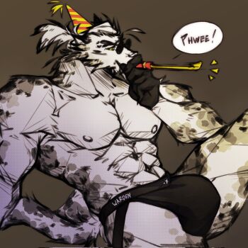 1boy abs animal_ears bara bare_pectorals biceps black_male_underwear commentary dislyte english_commentary english_text furry furry_male hat highres holding jin_qiu_(ru_shou)_(dislyte) jockstrap looking_to_the_side male_focus male_underwear muscular muscular_male nadhilm navel nipples party_hat party_whistle pectorals ponytail sitting sound_effects speech_bubble sunglasses tail tiger tiger_boy tiger_ears tiger_stripes tiger_tail underwear white_fur white_hair white_tiger