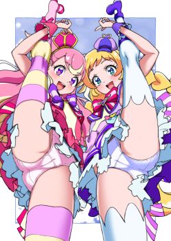 2girls asortofcolorfag barefoot blonde_hair blue_eyes breasts calves colorized commentary crown cure_friendy cure_wonderful dress english_commentary eyebrows_hidden_by_hair hat highres inukai_iroha inukai_komugi loli long_hair looking_at_viewer mini_crown mini_hat miyagoe_yoshitsuki multicolored_hair multiple_girls navel open_mouth panties pink_hair pink_panties precure purple_eyes skirt small_breasts smile standing standing_on_one_leg stomach striped_clothes teeth twintails two-tone_hair underwear upper_teeth_only very_long_hair white_panties wonderful_precure!