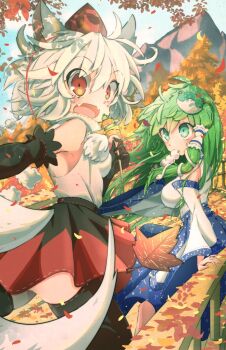 Rule 34 | 2girls, animal ears, apron, ass peek, autumn, autumn leaves, bare shoulders, black sleeves, blue skirt, blush, breasts, bridge, collared shirt, commentary, dango, detached sleeves, english commentary, fangs, food, frog hair ornament, green eyes, green hair, hair ornament, hair tubes, hat, holding, holding food, holding skewer, inubashiri momiji, kochiya sanae, leaf, looking at another, looking at viewer, maple leaf, mountain, multiple girls, open mouth, pom pom (clothes), red eyes, red skirt, ribbon trim, shirt, sideless shirt, skewer, skirt, sleeveless, sleeveless shirt, snake hair ornament, tail, the land druid, thighhighs, thighs, tokin hat, tongue, touhou, tree, turtleneck, two-tone skirt, wagashi, white hair, white shirt, white sleeves, wide sleeves, wolf ears, wolf girl, wolf tail, wooden bridge