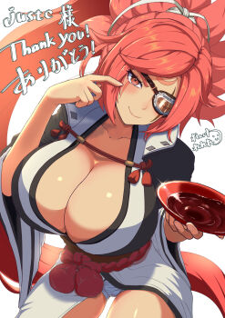 1girl alcohol baiken big_hair breasts cleavage commentary_request commission commissioner_name cup english_text eyepatch guilty_gear highres japanese_clothes kimono large_breasts long_hair one-eyed open_clothes open_kimono pixiv_commission red_eyes reiwa_rerere sakazuki sake scar scar_across_eye scar_on_face thighs very_long_hair white_background