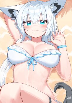 1girl :3 absurdres animal_ears aqua_eyes bikini breasts cleavage closed_mouth commentary_request deaver fox_ears fox_girl fox_tail frilled_bikini frills highres hololive large_breasts long_hair looking_at_viewer lying on_back pentagram shirakami_fubuki smile solo swimsuit tail virtual_youtuber white_bikini white_hair