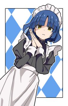Rule 34 | 1girl, alternate costume, argyle background, blue hair, blunt bangs, bocchi the rock!, border, commentary, dot nose, enmaided, expressionless, highres, juliet sleeves, long hair, long sleeves, looking at viewer, maid, maid headdress, mole, mole under eye, noyama takenoko, outline, outside border, own hands together, puffy sleeves, simple background, solo, white border, white outline, yamada ryo, yellow eyes