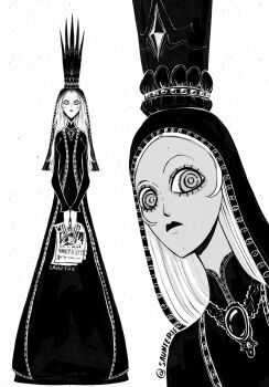 1girl black_dress crown dress eyelashes highres imu_(one_piece) jewelry long_hair long_sleeves looking_at_viewer one_piece saunterieart simple_background wanted_poster white_background